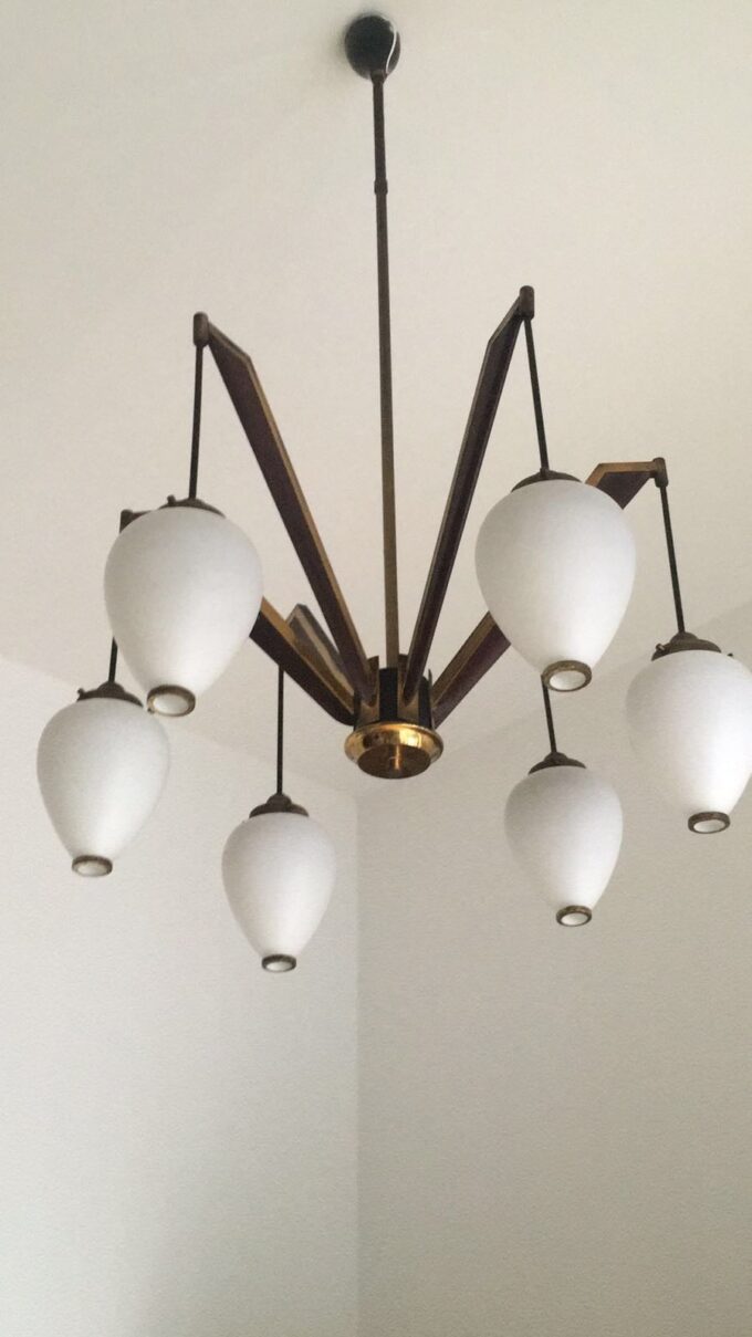 Italian Vintage Brass and Opaline Glass Chandelier from Arredoluce Monza, 1950s