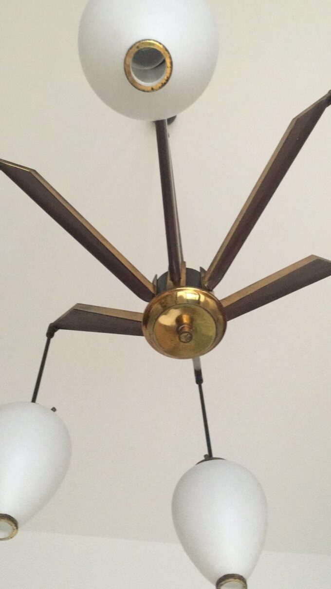 Italian Vintage Brass and Opaline Glass Chandelier from Arredoluce Monza, 1950s