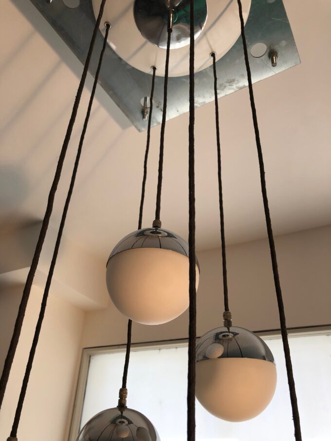 Seven Opaline Glass Spheres Italian Pendant Chandelier by Stilnovo, 1960s