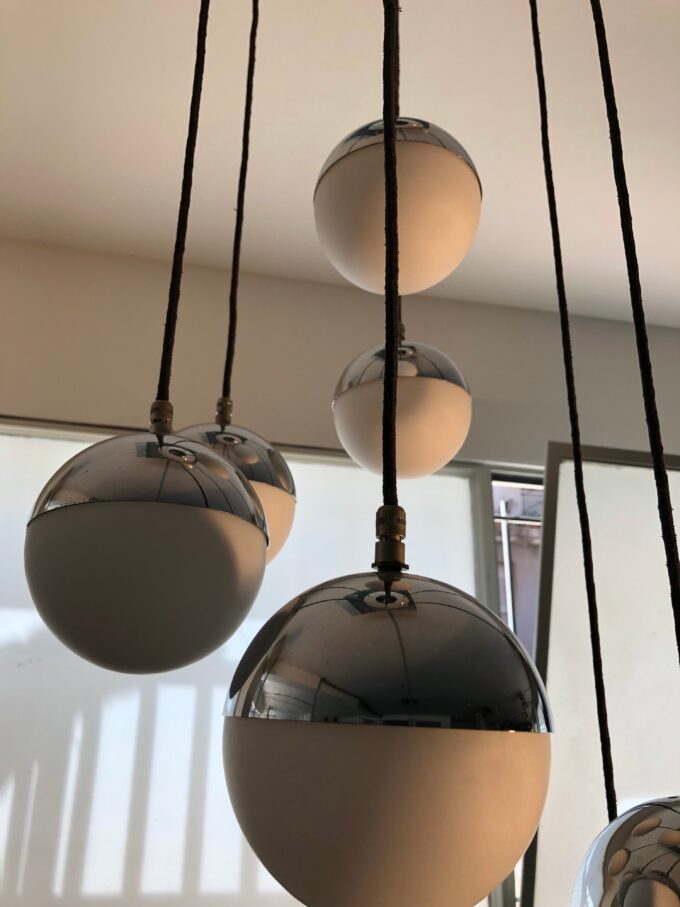 Seven Opaline Glass Spheres Italian Pendant Chandelier by Stilnovo, 1960s