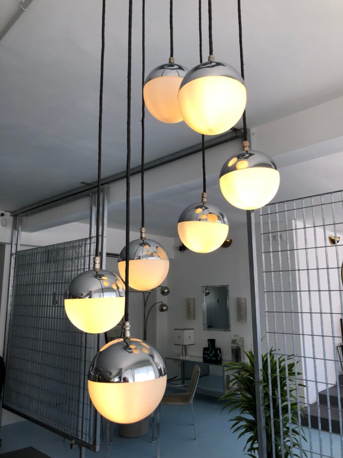 Seven Opaline Glass Spheres Italian Pendant Chandelier by Stilnovo, 1960s