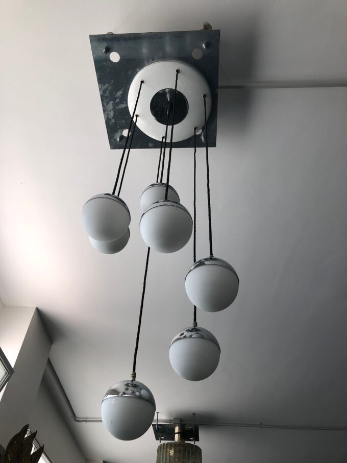 Seven Opaline Glass Spheres Italian Pendant Chandelier by Stilnovo, 1960s