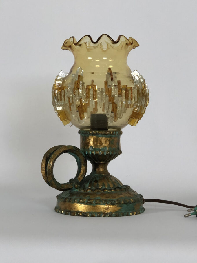 Vintage Italian Brutalist Iron and glass table lamp by Poliarte. 1970s