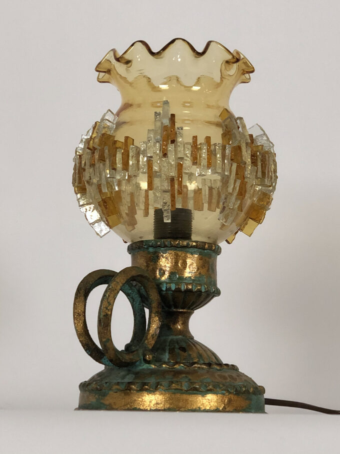 Vintage Italian Brutalist Iron and glass table lamp by Poliarte. 1970s