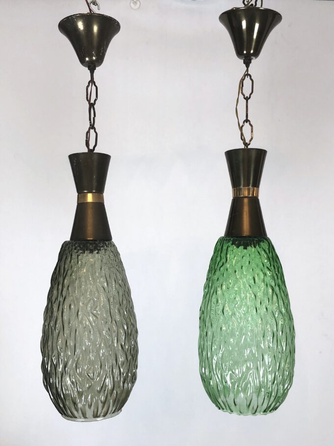 Set of two vintage Italian metal and glass pendant lamps from 60s
