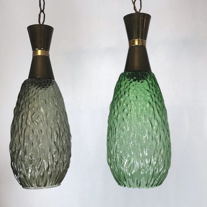 Set of two vintage Italian metal and glass pendant lamps from 60s
