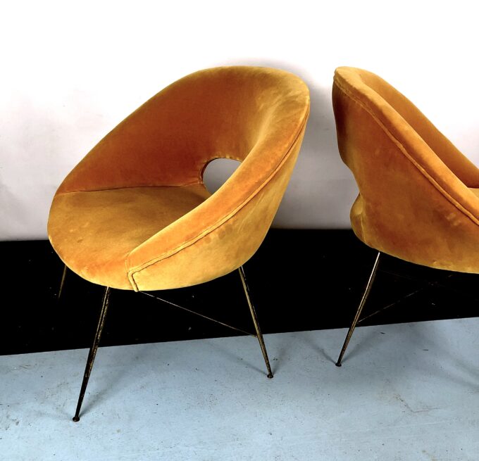 Silvio Cavatorta, pair of gold velvet armchairs from 50s