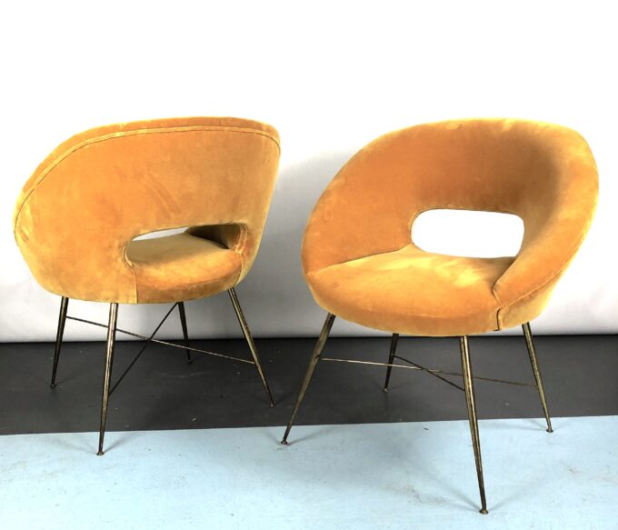 Silvio Cavatorta, pair of gold velvet armchairs from 50s