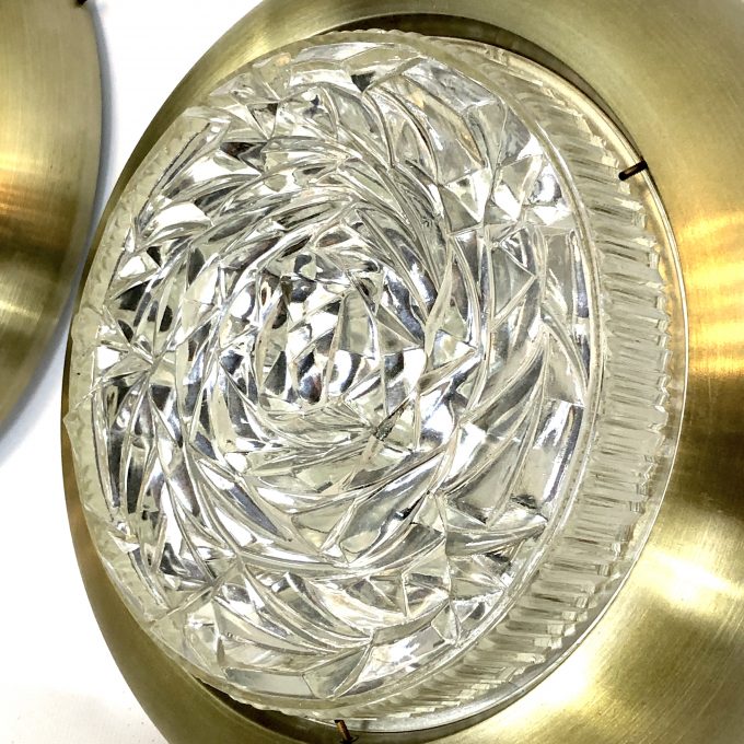 Stilux Milano, Mid-Century gild and glass ceiling lamps or sconces. Set of two
