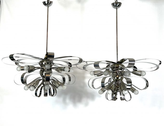 Mid-century pair of large Italian chrome chandeliers from 70s