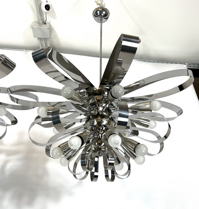 Mid-century pair of large Italian chrome chandeliers from 70s