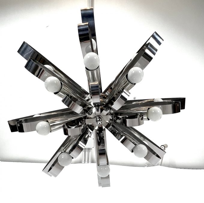 Mid-century pair of large Italian chrome chandeliers from 70s