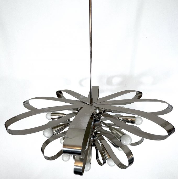 Mid-century pair of large Italian chrome chandeliers from 70s