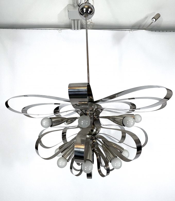 Mid-century pair of large Italian chrome chandeliers from 70s