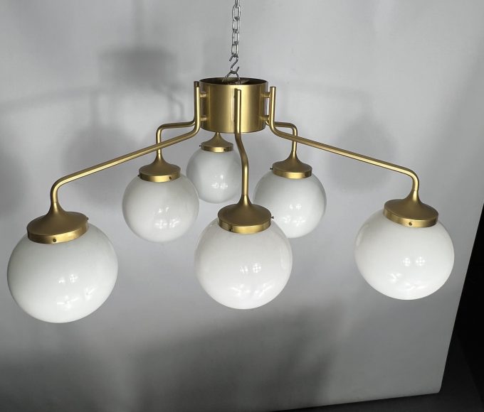 Monumental Mid-century brass and milk glass ceiling lamp by Reggiani. Italy 1970s