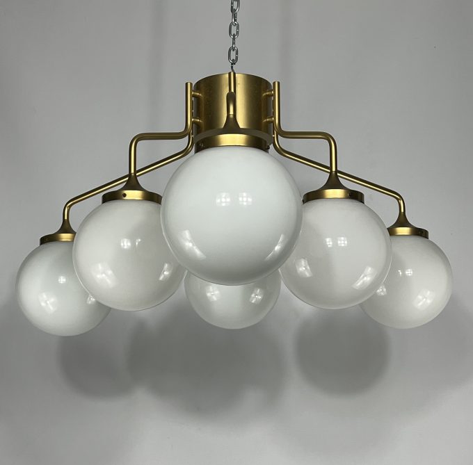 Monumental Mid-century brass and milk glass ceiling lamp by Reggiani. Italy 1970s