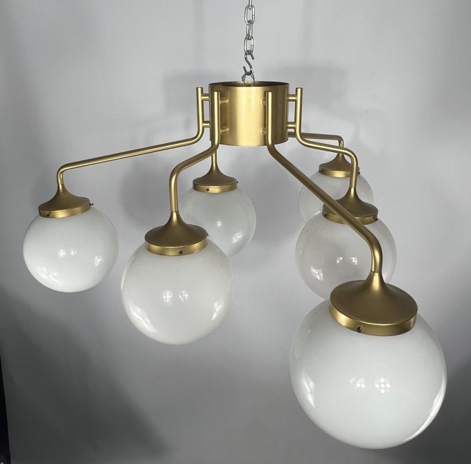 Monumental Mid-century brass and milk glass ceiling lamp by Reggiani. Italy 1970s