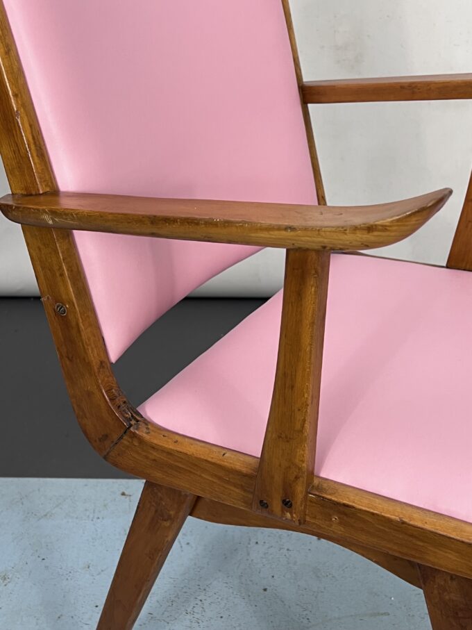 Vintage Italian wood accent chair in pink leatherette. Italy 1950s