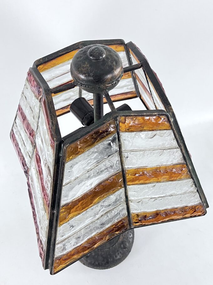 Monumental brutalist thick glass and metal table lamp by Longobard. Italy 1970s