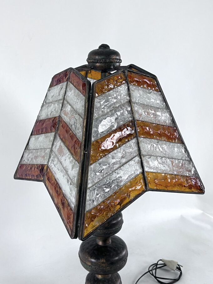 Monumental brutalist thick glass and metal table lamp by Longobard. Italy 1970s