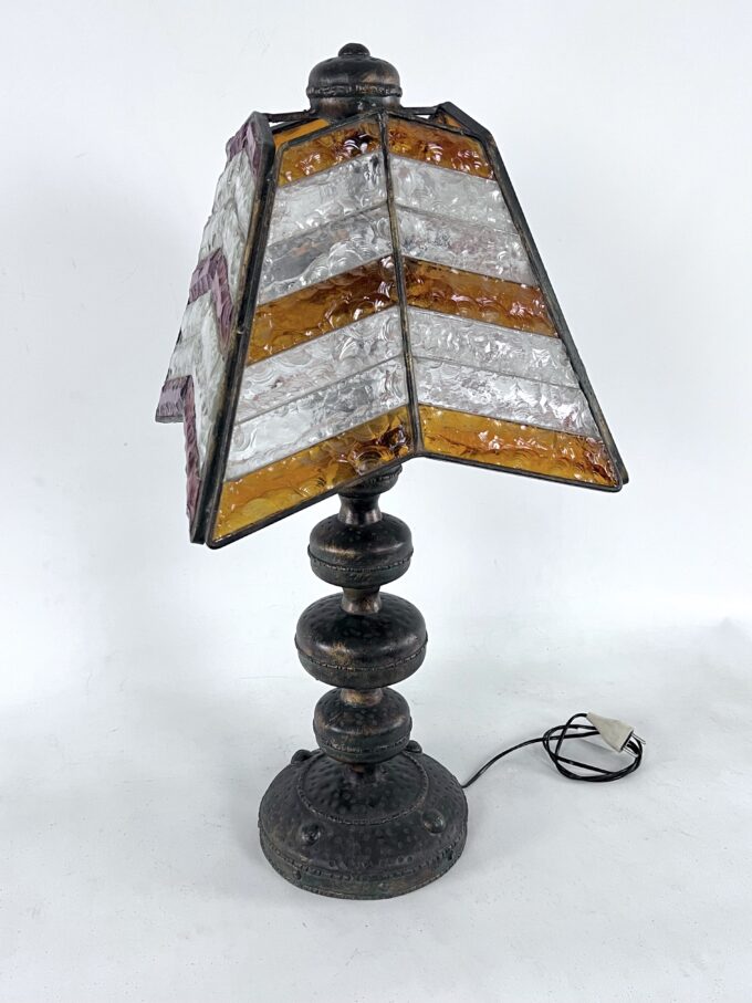 Monumental brutalist thick glass and metal table lamp by Longobard. Italy 1970s