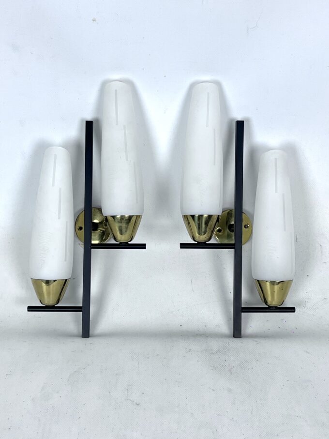 Mid-Century pair of double lights sconces in brass and opaline glass. Italy 1950s