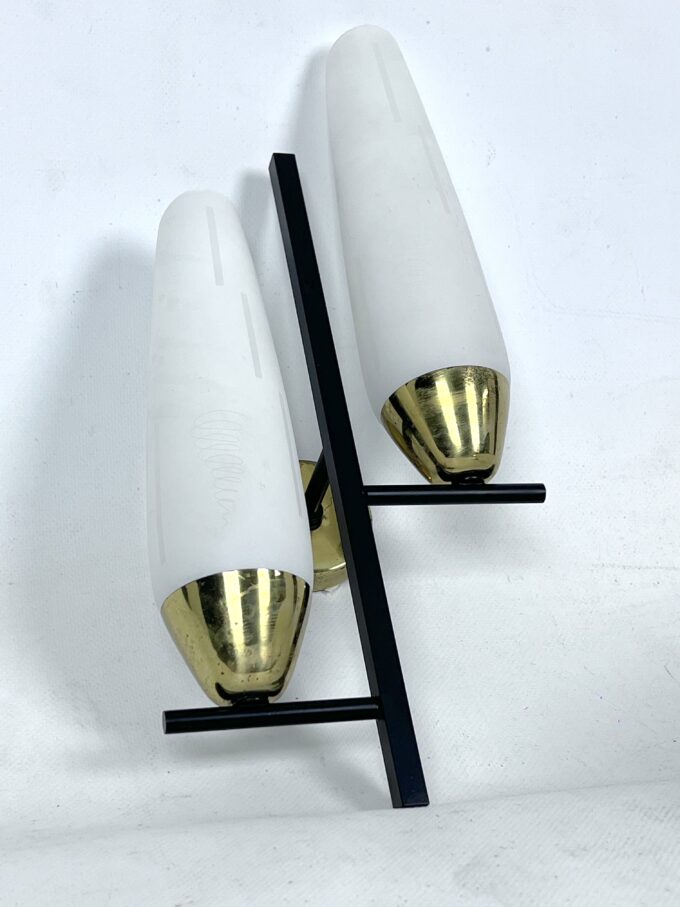 Mid-Century pair of double lights sconces in brass and opaline glass. Italy 1950s