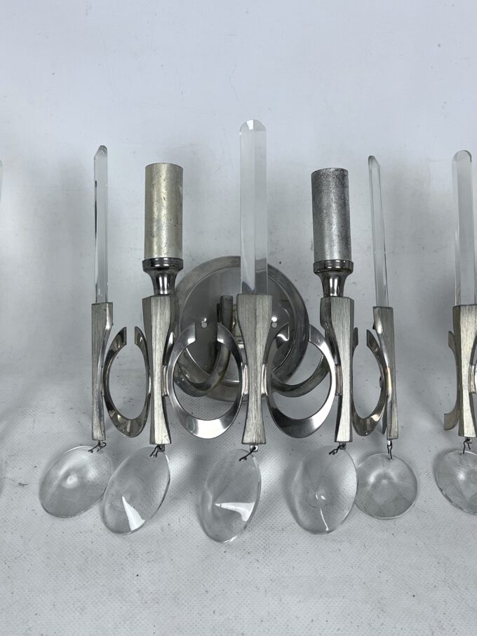 Mid-Century nicheled brass and glass sconces by Sciolari. Labeled. Italy 1960s