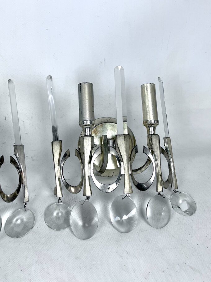 Mid-Century nicheled brass and glass sconces by Sciolari. Labeled. Italy 1960s