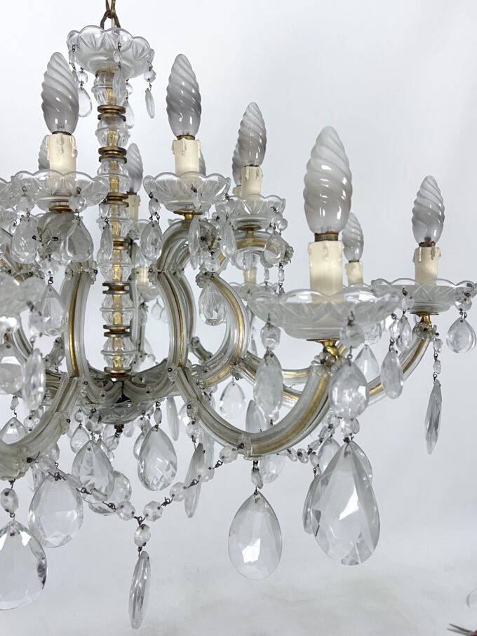 Mid-Century Maria Teresa crystal and brass large chandelier. Italy 1940s