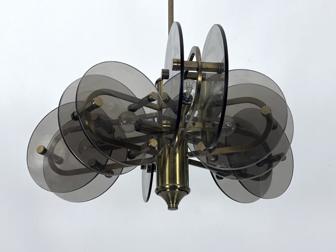 Postmodern brass and thick glass chandelier by Gino Paroldo. Italy 1970s