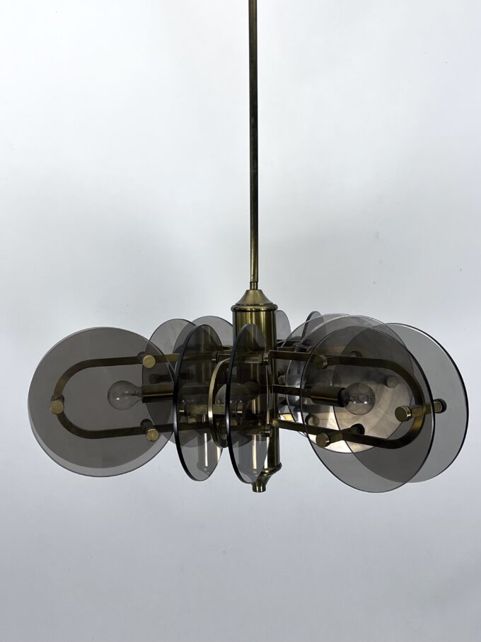 Postmodern brass and thick glass chandelier by Gino Paroldo. Italy 1970s