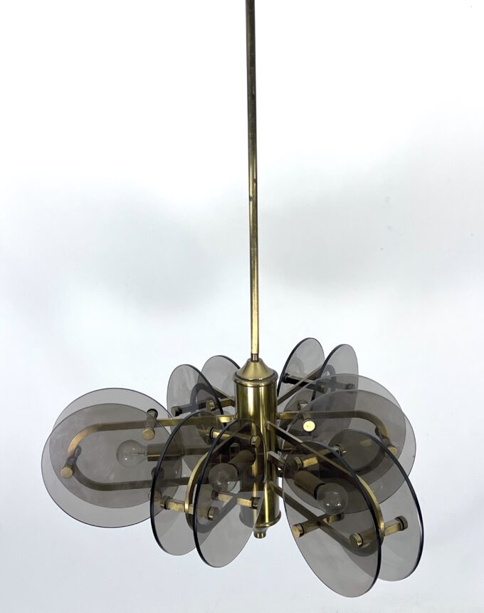 Postmodern brass and thick glass chandelier by Gino Paroldo. Italy 1970s