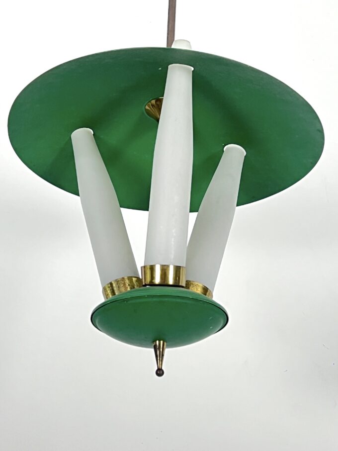 Mid-Century green three opaline glasses lantern. Italy 1950s