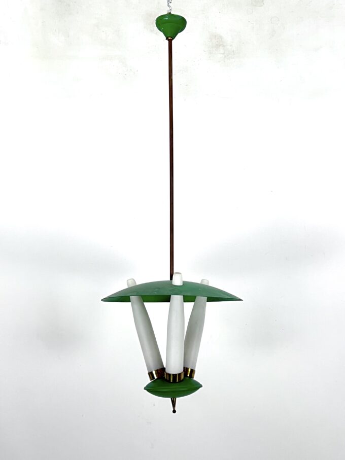 Mid-Century green three opaline glasses lantern. Italy 1950s