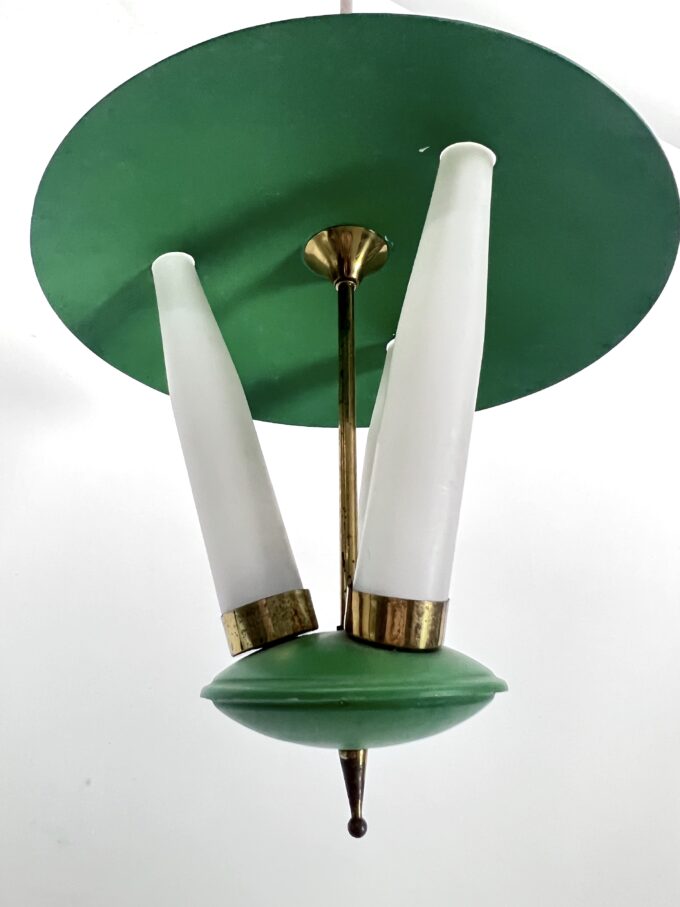 Mid-Century green three opaline glasses lantern. Italy 1950s