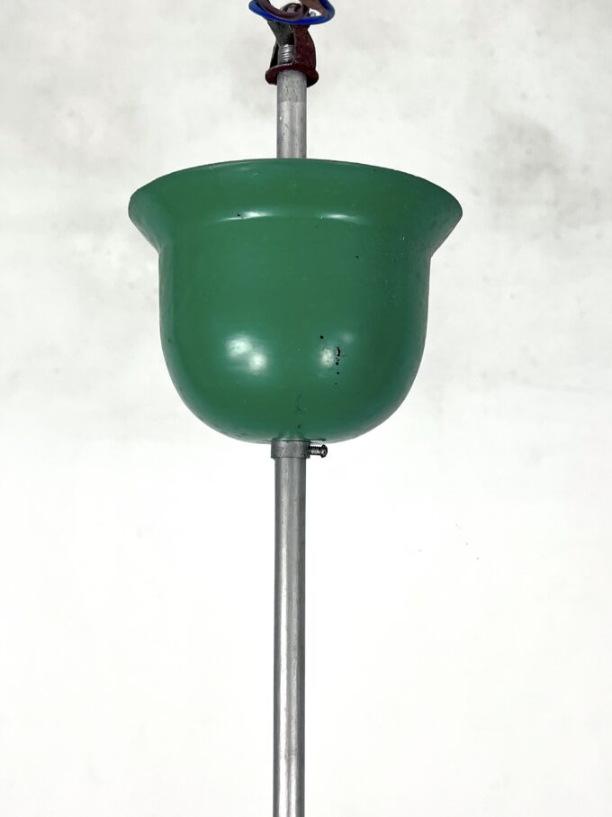 Mid-Century green lacquer and milk glass pendant. Italy 1950s