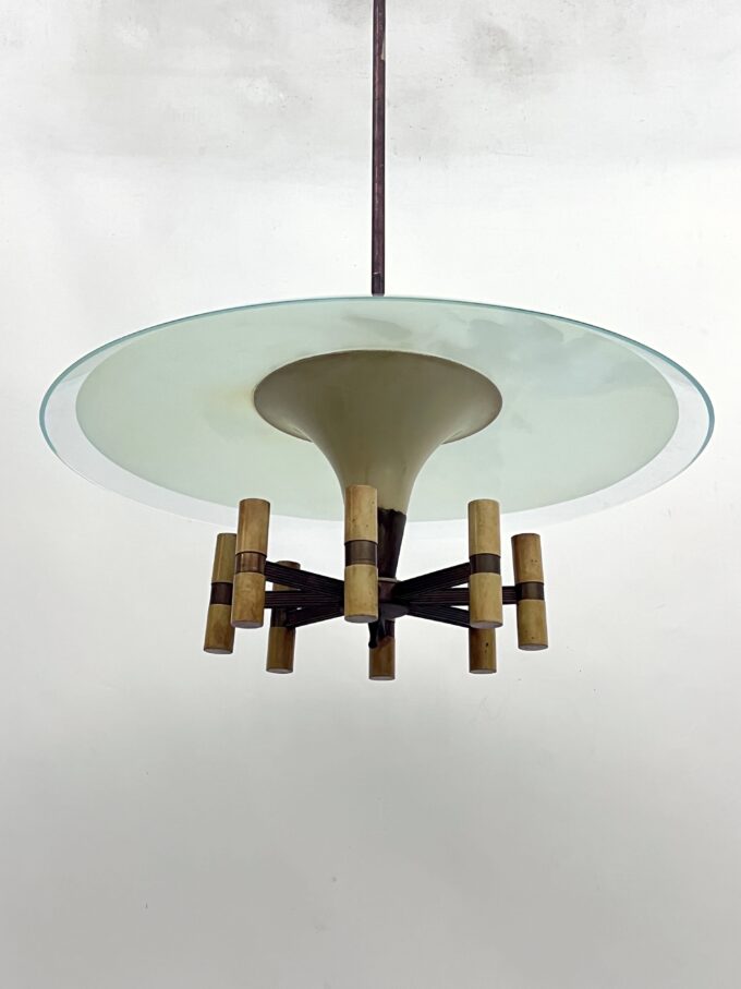 MId-Century Fontana Arte manner curved glass disk chandelier. Italy 1950s
