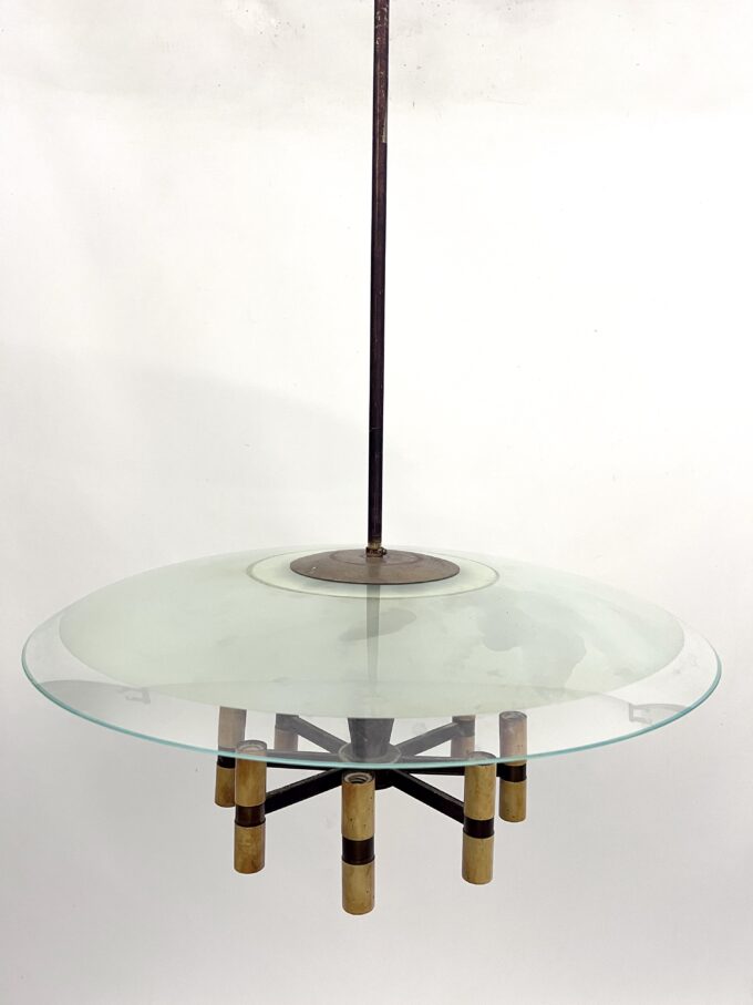 MId-Century Fontana Arte manner curved glass disk chandelier. Italy 1950s