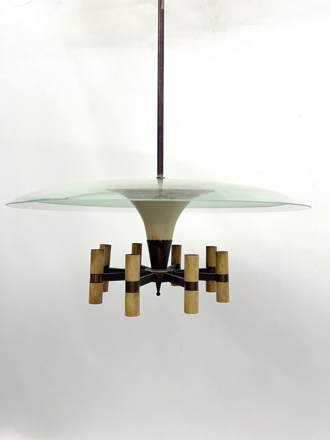MId-Century Fontana Arte manner curved glass disk chandelier. Italy 1950s