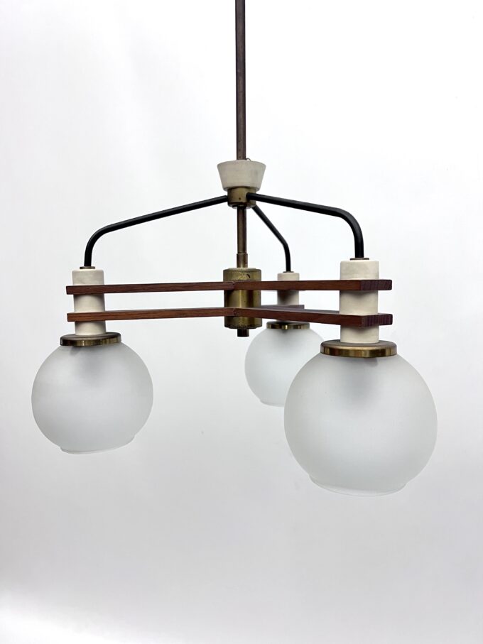 Vintage three satin glasses chandelier. Italy 1950s