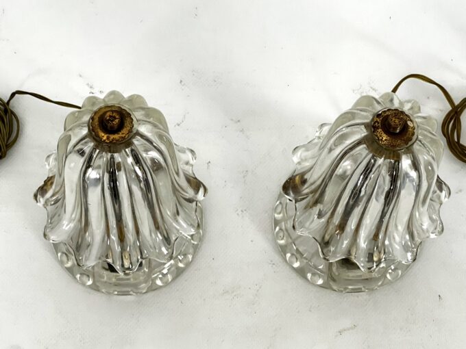 Mid-Century pair of Ercole Barovier Murano glass and brass table lamps. 1940s