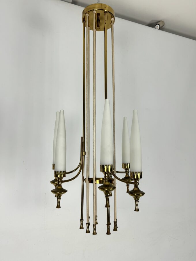 Mid-Century Arredoluce Monza brass and six opaline glasses chandelier. Italy 1950s