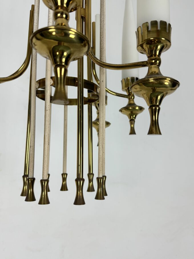 Mid-Century Arredoluce Monza brass and six opaline glasses chandelier. Italy 1950s