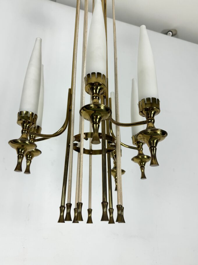 Mid-Century Arredoluce Monza brass and six opaline glasses chandelier. Italy 1950s