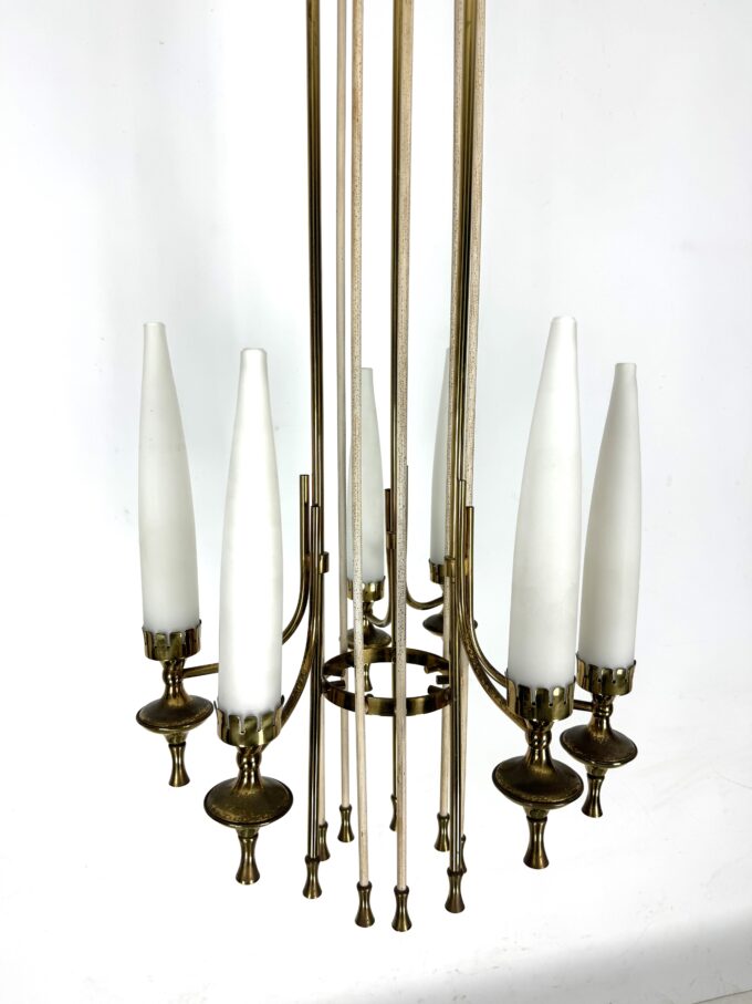 Mid-Century Arredoluce Monza brass and six opaline glasses chandelier. Italy 1950s