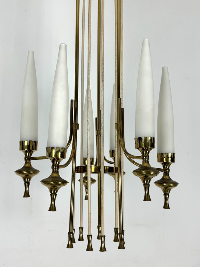 Mid-Century Arredoluce Monza brass and six opaline glasses chandelier. Italy 1950s