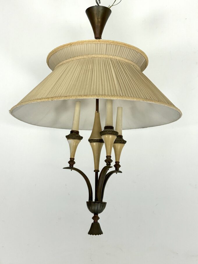 Mid-Century brass chandelier with fabric lampshade. Italy 1950s