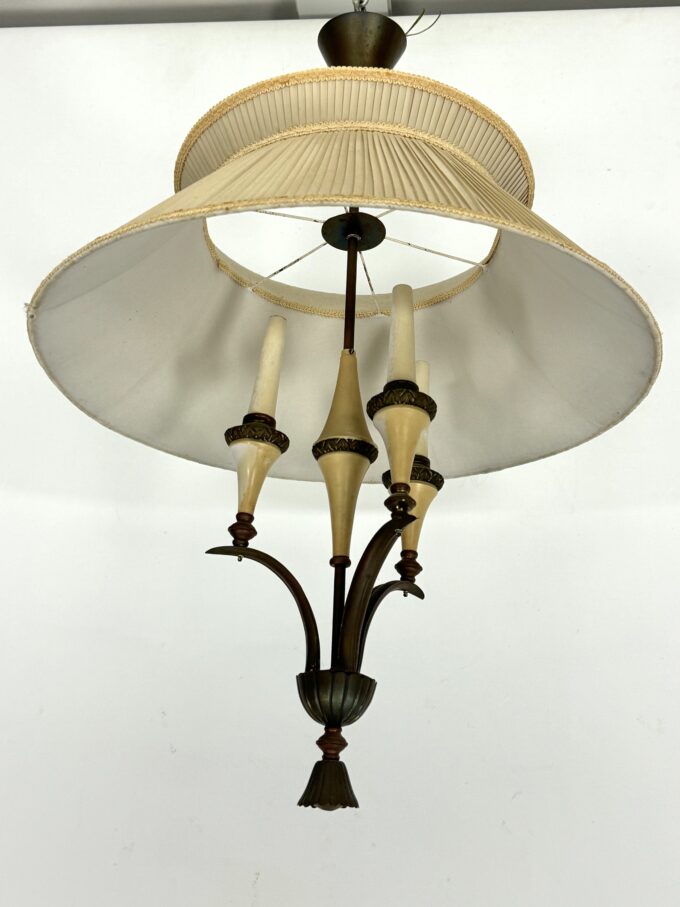 Mid-Century brass chandelier with fabric lampshade. Italy 1950s