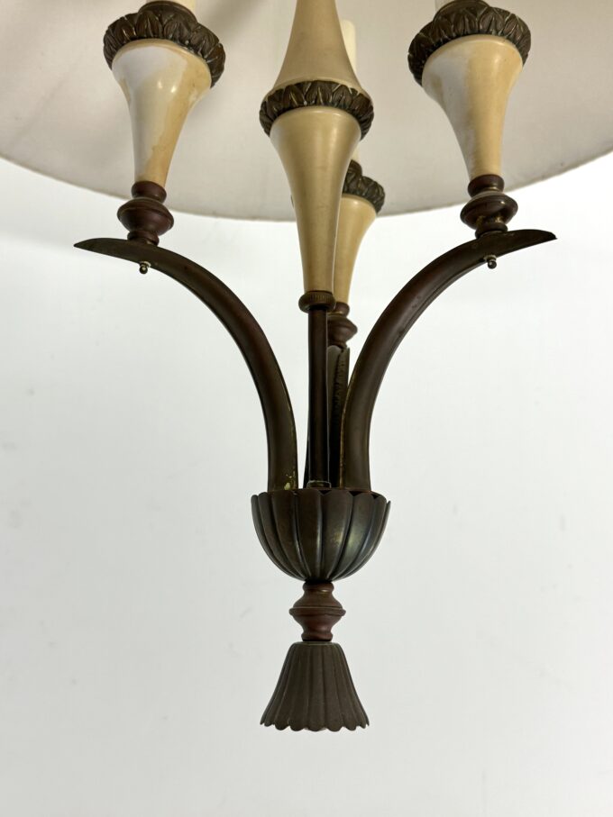 Mid-Century brass chandelier with fabric lampshade. Italy 1950s